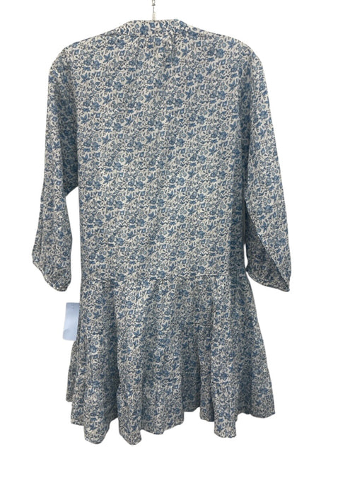 Lake Size S White & Blue Cotton Floral Long Sleeve Button Up Pleats Dress White & Blue / S
