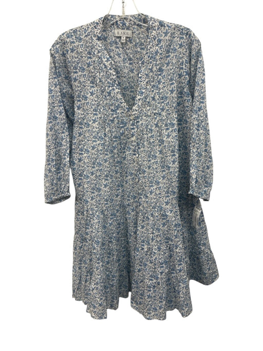 Lake Size S White & Blue Cotton Floral Long Sleeve Button Up Pleats Dress White & Blue / S