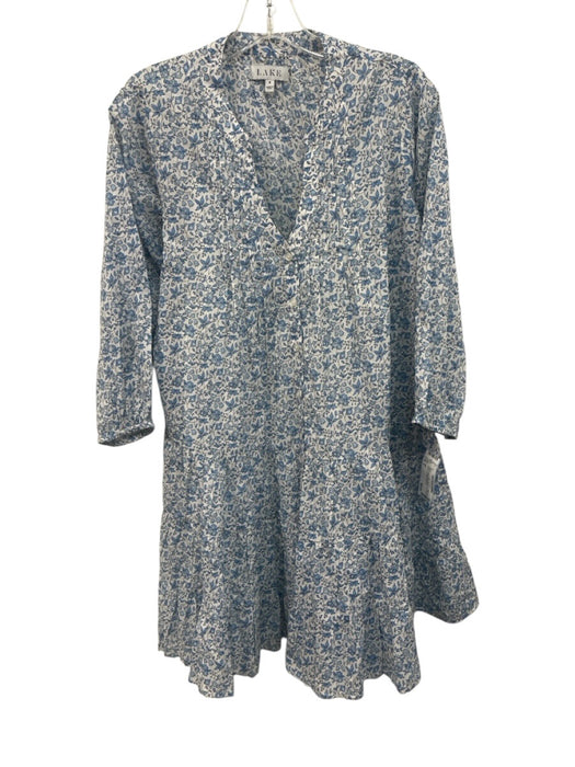 Lake Size S White & Blue Cotton Floral Long Sleeve Button Up Pleats Dress White & Blue / S