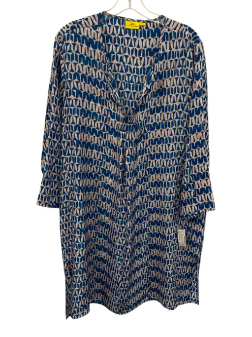 Roberta Roller Rabbit Size L Blue & White Silk Split V Neck All Over Print Dress Blue & White / L