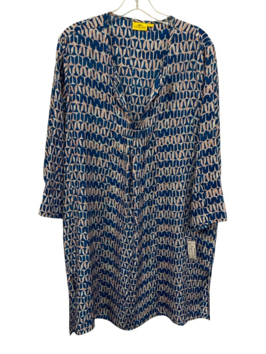 Roberta Roller Rabbit Size L Blue & White Silk Split V Neck All Over Print Dress Blue & White / L