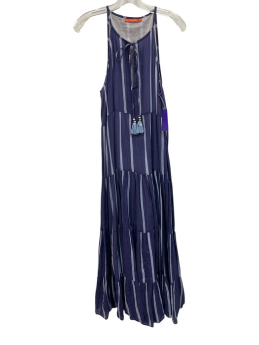 Oliphant Size XL Blue Multi Cotton Tassel Ties Halter Neck Striped Tiered Dress Blue Multi / XL