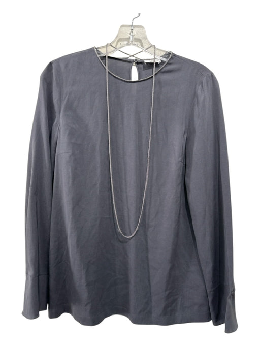 Brunello Cucinelli Size S Gray Silk Beaded Detail Long Sleeve Back Keyhole Top Gray / S
