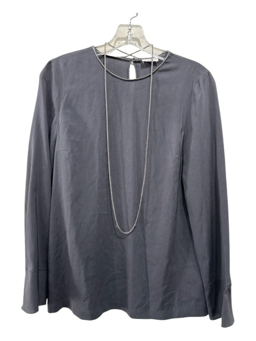 Brunello Cucinelli Size S Gray Silk Beaded Detail Long Sleeve Back Keyhole Top Gray / S