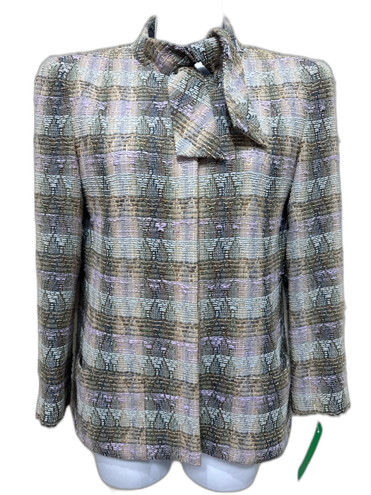 Chanel Size 36 / Small Tan, Aqua & Lavender Wool Blend Neck Tie Boucle Jacket Tan, Aqua & Lavender / 36 / Small