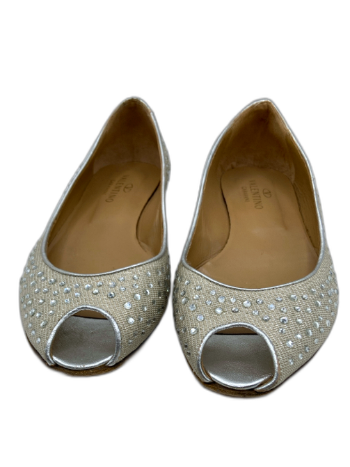 Valentino Garavani Shoe Size 38.5 Silver Synthetic Leather trim Peep Toe Flats Silver / 38.5