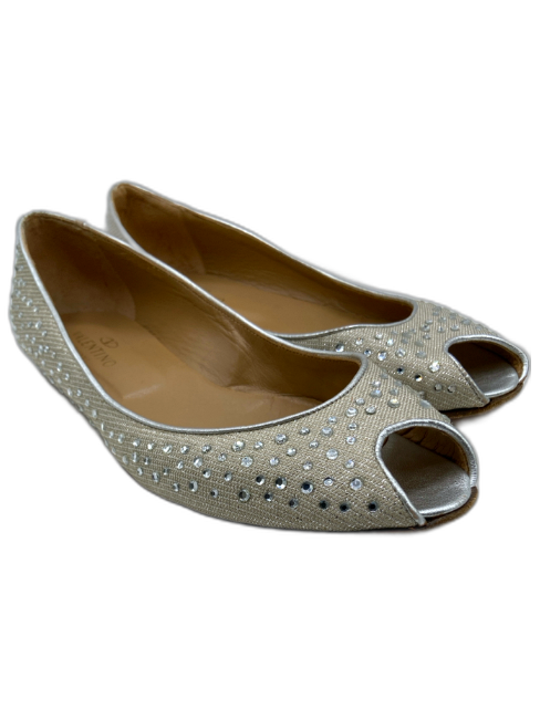 Valentino Garavani Shoe Size 38.5 Silver Synthetic Leather trim Peep Toe Flats Silver / 38.5