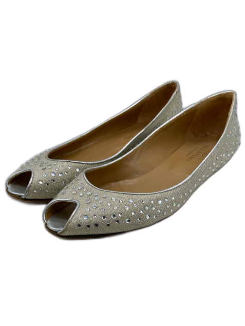 Valentino Garavani Shoe Size 38.5 Silver Synthetic Leather trim Peep Toe Flats Silver / 38.5