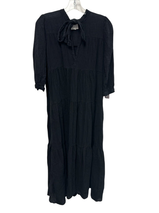 Honorine Size XS Black Cotton 1/2 Sleeve Gauze Split V neck Midi Dress Black / XS