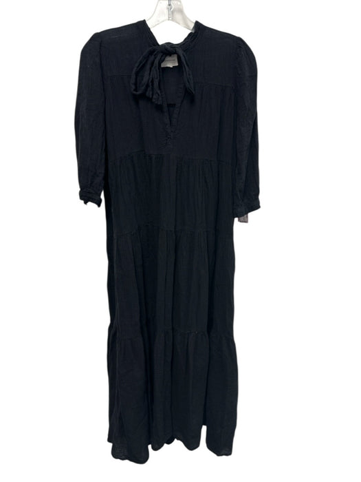 Honorine Size XS Black Cotton 1/2 Sleeve Gauze Split V neck Midi Dress Black / XS