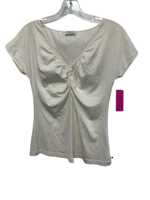 Akris Punto Size 8 White Cotton & Elastane Short Sleeve V Neck Ruched Detail Top White / 8