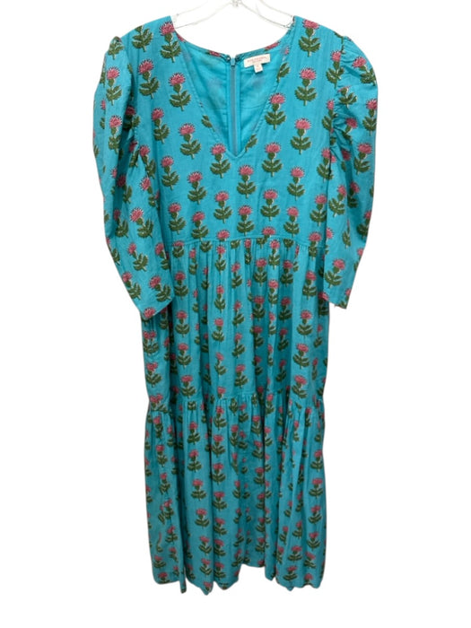 Pink Chicken Size Medium Blue, Pink, Green Cotton Long puff sleeve Floral Dress Blue, Pink, Green / Medium