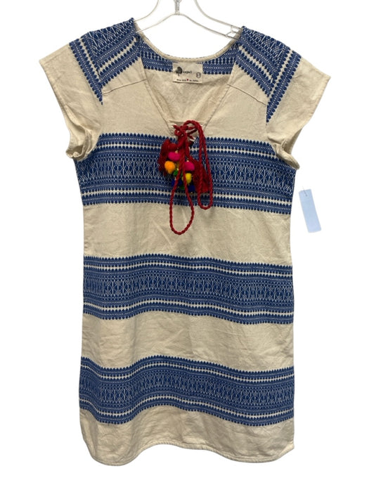Kopal Size XS Blue, Red, Beige Cotton Lace Up Embroidered Cap Sleeve Tunic Dress Blue, Red, Beige / XS