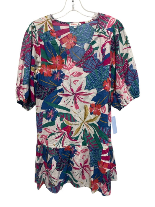 Sundry Size XS Blue, Pink, Green Half Puff Sleeve Floral V Neck Elastic Dress Blue, Pink, Green / XS