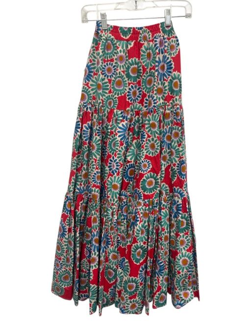 La Double J Size XS Green, Red, Blue print Cotton Elastic Waist Floral Skirt Green, Red, Blue print / XS