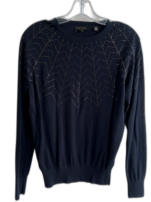 Ted Baker Size 2 Black Cotton & Cashmere Knit Rhinestone Long Sleeve Sweater Black / 2