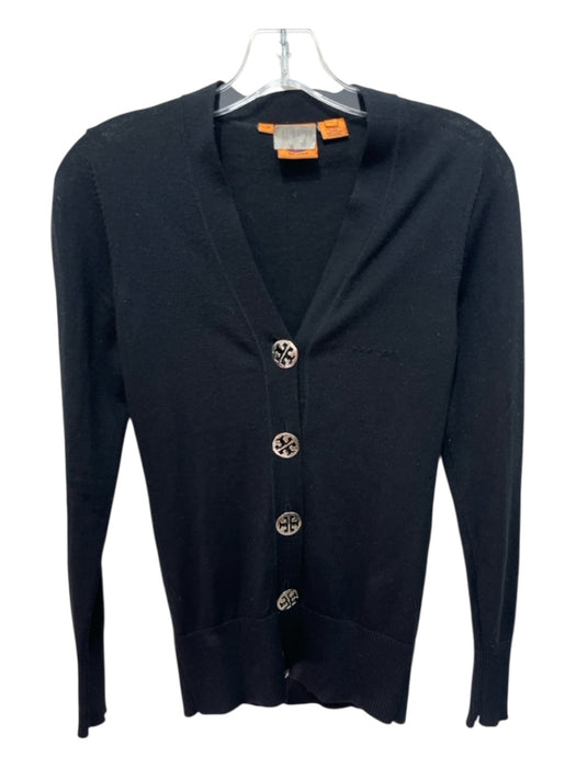 Tory Burch Size XS Black Wool ribbed hem Silver Tone Hardware Logo Cardigan Black / XS