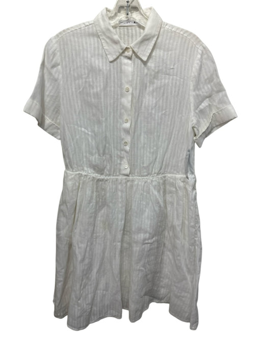 Frame Size S White Linen Striped Collared 1/2 Button short sleeve Dress White / S