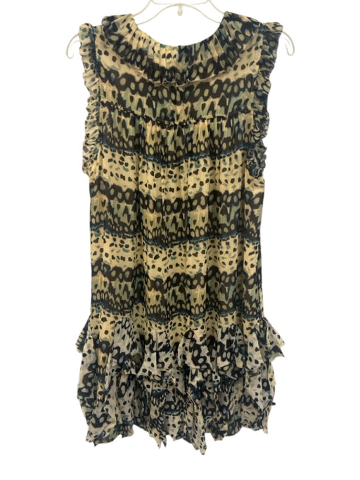 Ulla Johnson Size 10 Beige, Blue & Black Silk Ruffle Cap Sleeve Dress Beige, Blue & Black / 10