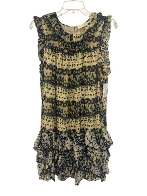 Ulla Johnson Size 10 Beige, Blue & Black Silk Ruffle Cap Sleeve Dress Beige, Blue & Black / 10