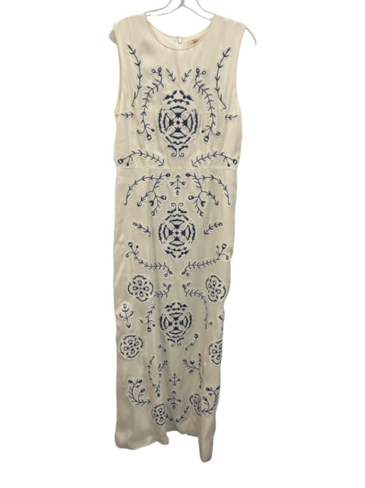 Tory Burch Size 12 White & Navy Viscose & Silk Maxi Knit Floral Dress White & Navy / 12