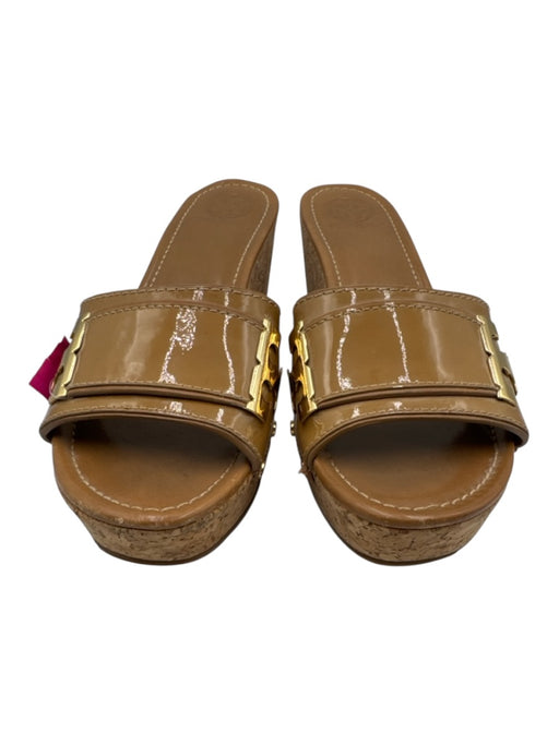 Tory Burch Shoe Size 10.5 Brown Leather & Cork Wedge Patent Open Toe Sandals Brown / 10.5