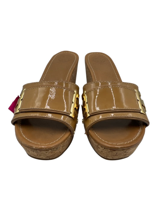 Tory Burch Shoe Size 10.5 Brown Leather & Cork Wedge Patent Open Toe Sandals Brown / 10.5