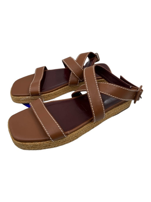Staud Shoe Size 38 Brown & Tan Leather Contrast Stitch Open Toe Platform Sandals Brown & Tan / 38