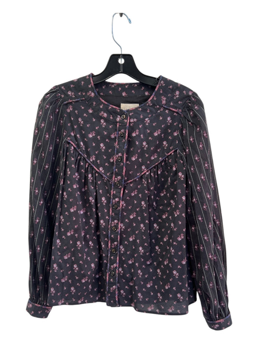 Sezane Size 35 Gray & Purple Cotton Floral Long Sleeve Button Up Seam Detail Top Gray & Purple / 35