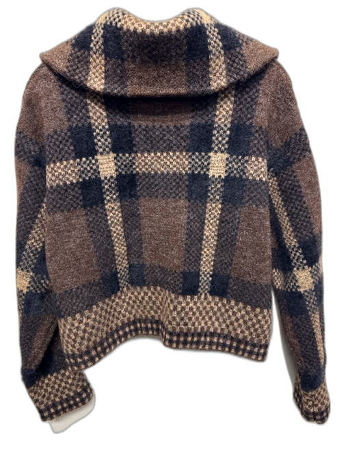 Zara Size M Brown, Tan & Black Polyester Blend Knit Plaid Pockets Zip Up Sweater Brown, Tan & Black / M