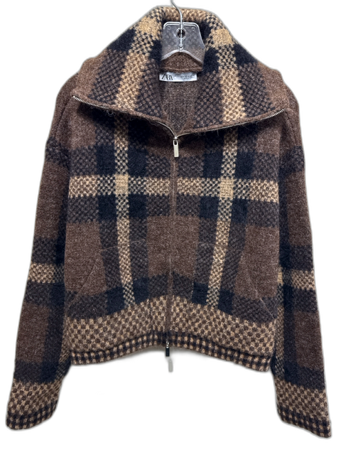 Zara Size M Brown, Tan & Black Polyester Blend Knit Plaid Pockets Zip Up Sweater Brown, Tan & Black / M