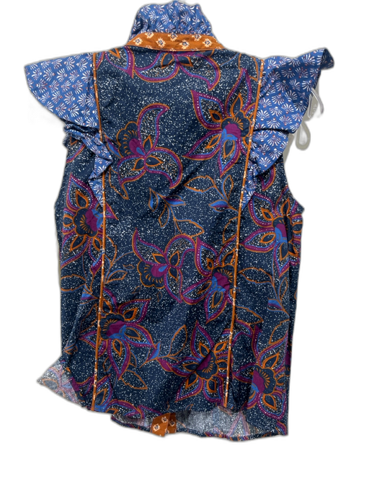 Sezane Size 38 Navy & Multi Cotton Ruffle Sleeveless Button Front Top Navy & Multi / 38