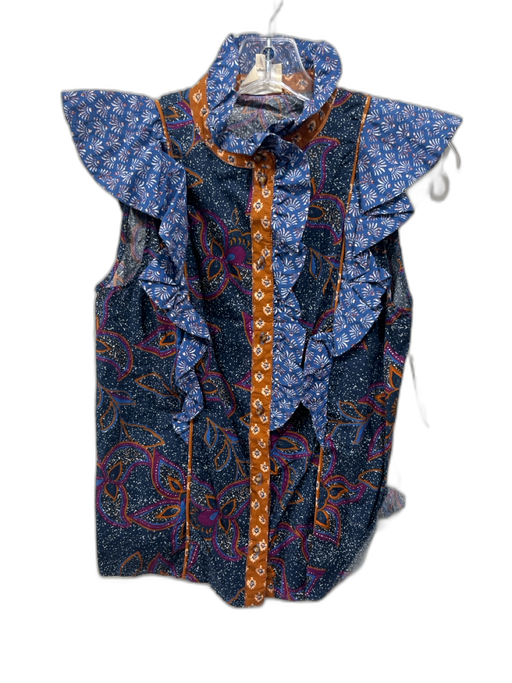 Sezane Size 38 Navy & Multi Cotton Ruffle Sleeveless Button Front Top Navy & Multi / 38