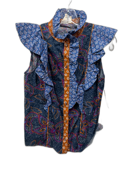 Sezane Size 38 Navy & Multi Cotton Ruffle Sleeveless Button Front Top Navy & Multi / 38