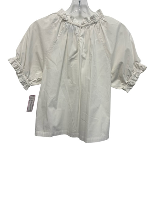 Hill House Size Small White Cotton Blend Short Puff Sleeve Ruffle Neckline Top White / Small