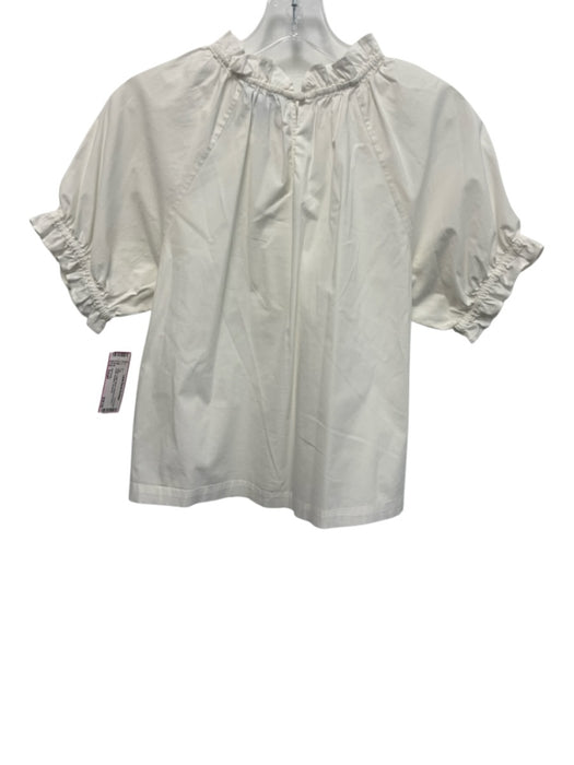 Hill House Size Small White Cotton Blend Short Puff Sleeve Ruffle Neckline Top White / Small