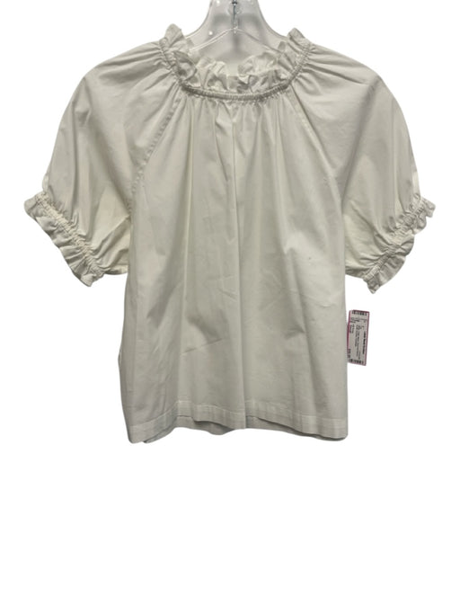 Hill House Size Small White Cotton Blend Short Puff Sleeve Ruffle Neckline Top White / Small