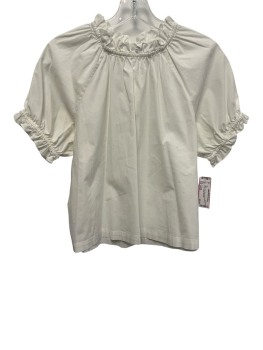Hill House Size Small White Cotton Blend Short Puff Sleeve Ruffle Neckline Top White / Small