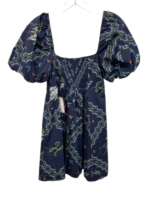 Hill House Size Small Navy, Green, Red Cotton Short Puff Sleeve Floral Dress Navy, Green, Red / Small
