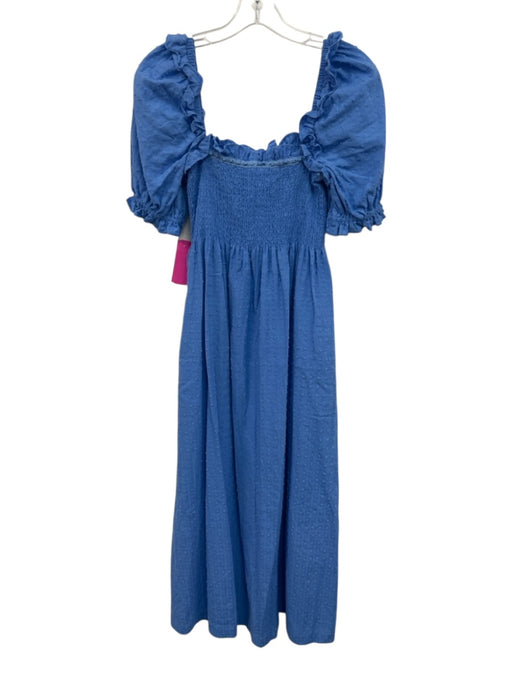 Hill House Size XS Blue Cotton Short Puff Sleeve Swiss Dot Smocked Midi Dress Blue / XS