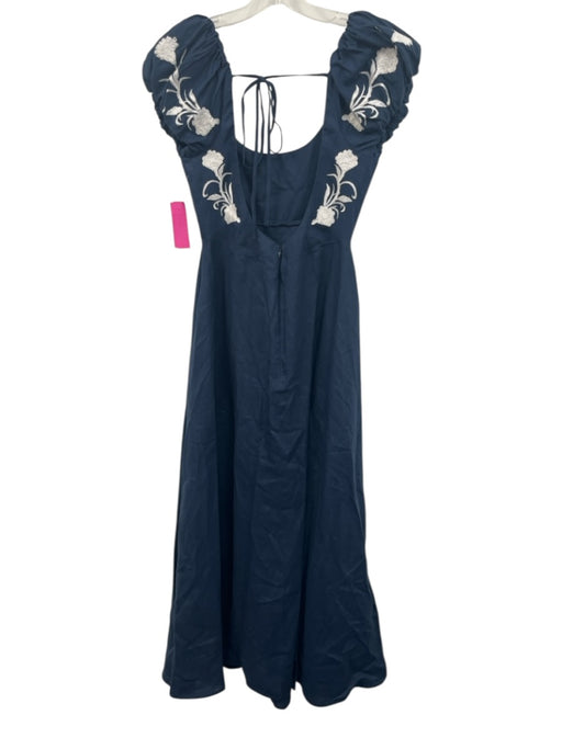 Fanm Mon Size Small Navy Blue & White Linen Short Puff Sleeve Darted Dress Navy Blue & White / Small