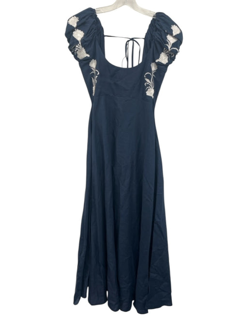 Fanm Mon Size Small Navy Blue & White Linen Short Puff Sleeve Darted Dress Navy Blue & White / Small