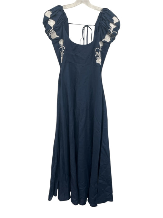 Fanm Mon Size Small Navy Blue & White Linen Short Puff Sleeve Darted Dress Navy Blue & White / Small