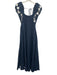 Fanm Mon Size Small Navy Blue & White Linen Short Puff Sleeve Darted Dress Navy Blue & White / Small
