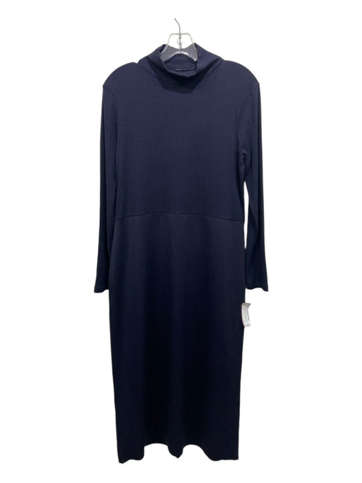 Zara Size L Navy Blue Polyester Ribbed Upper Mock Neck Long Sleeve Midi Dress Navy Blue / L