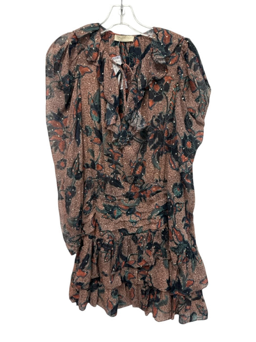 Ulla Johnson Size 6 Brown, Red, Green Silk Blend Gathered Waistband Mini Dress Brown, Red, Green / 6