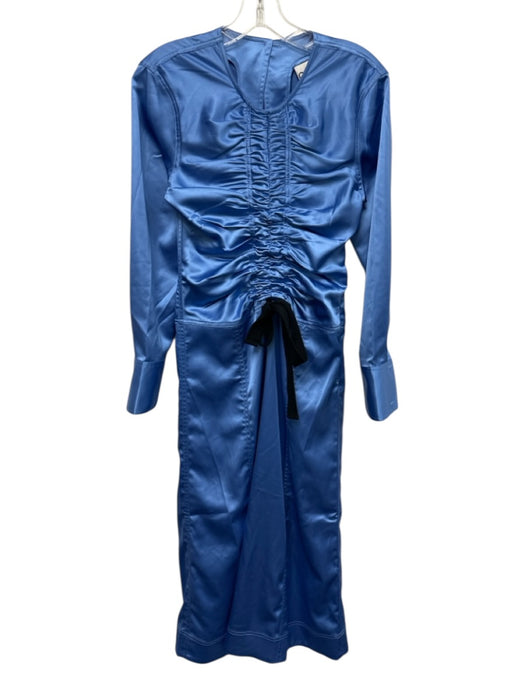 Ganni Size 32 / XS Blue Polyester Satin Front Ruching Drawstring Midi Dress Blue / 32 / XS