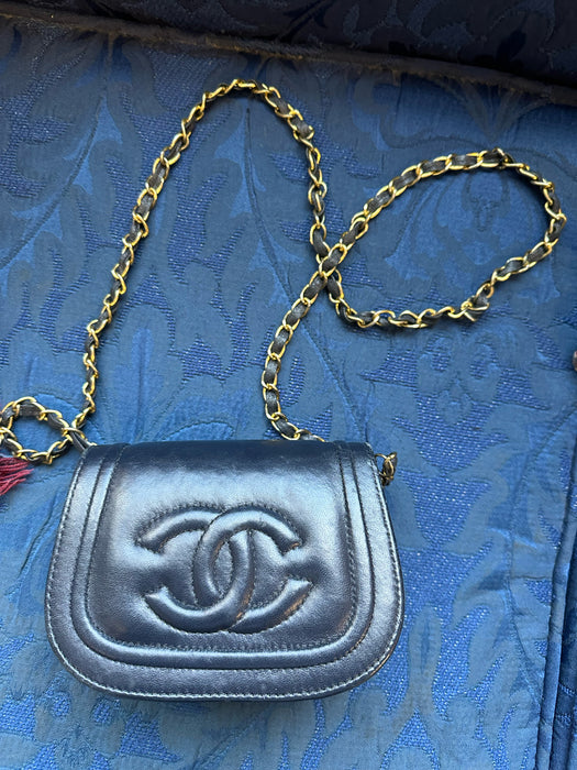 Chanel Navy Leather Front Flap Chain Strap Belt Bag Bag