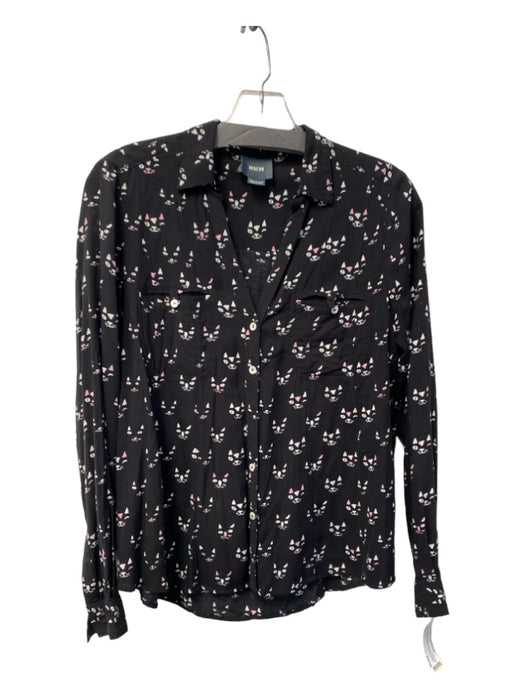 Maeve Size 6 Black & White Rayon Cat Print Collared Button Up front pocket Top Black & White / 6