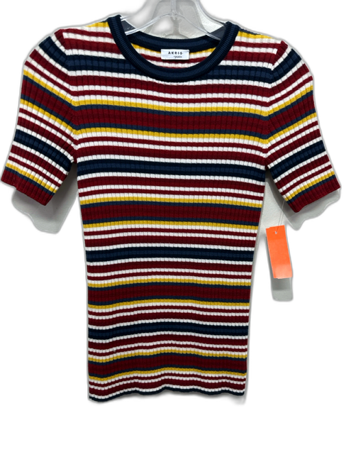 Akris Punto Size 6 White & Multi Wool Ribbed Knit Striped Short Sleeve Top White & Multi / 6